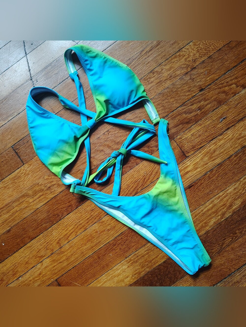 Blue Tie-dye Cutout One Piece Bikini Swimsuit 2 Pieces Connected Small MediumS
